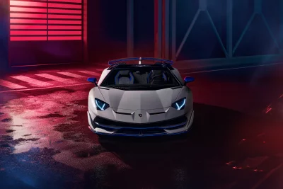 White Lamborghini Aventador Sports Car in Futuristic Neon-Lit Garage image