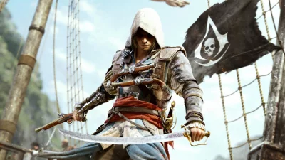 Vigilant Pirate Assassin Wielding Cutlass and Flintlock Pistols on a High Seas Vessel image