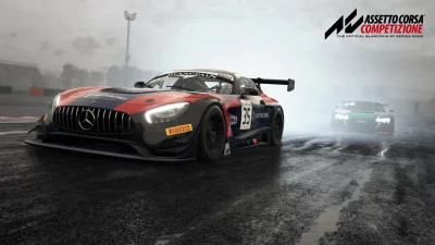 Dynamic Mercedes-AMG GT3 Racing on a Wet Racetrack in Foggy Weather Conditions image