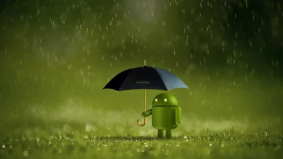 Green Android Robot with Black Umbrella in Rain on Lush Grass image