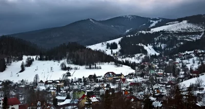 Snow-covered Alpine Village with Ski Slopes under Overcast Winter Sky image
