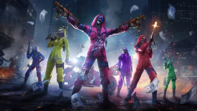Dynamic masked crew in vibrant jumpsuits with guns and falling money in a futuristic city image
