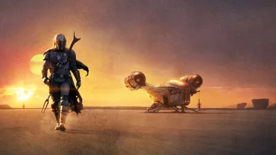 Iconic Mandalorian Character and Starship Razor Crest on Alien Desert Landscape at Sunset image