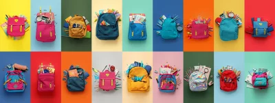 Collection of Colorful School Backpacks and Assorted Supplies on Vibrant Backgrounds image