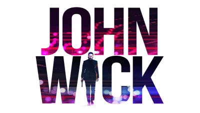 John Wick Stylized Movie Title with Iconic Action Hero and Futuristic Neon Cityscape image