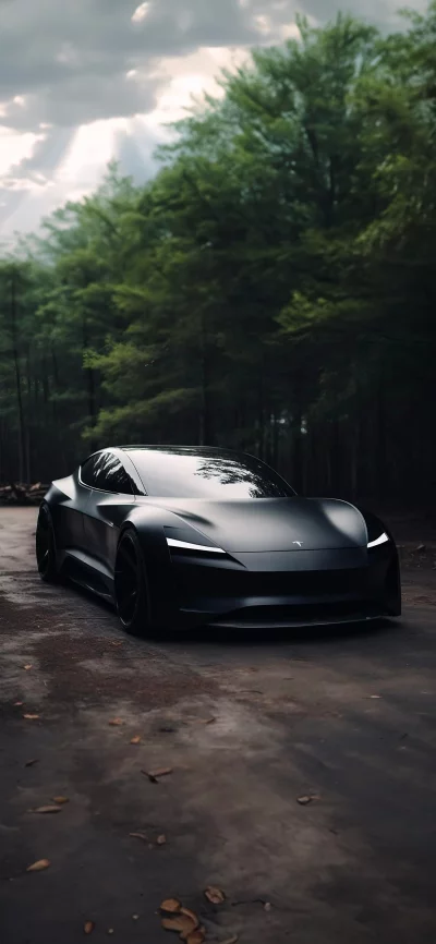 Sleek Black Electric Sports Car on Forest Road with Dramatic Forest Background image