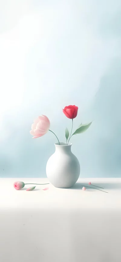 Minimalist Floral Arrangement with Pink and Red Flowers in White Vase image