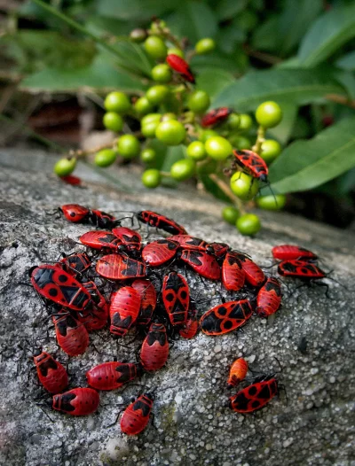 Cluster of Red and Black Firebugs on a Stone Surface with Green Berries image