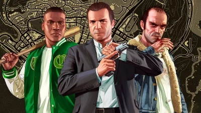 Iconic GTA V Anti-Heroes Posing with Weapons on a Detailed Los Santos Map Background image