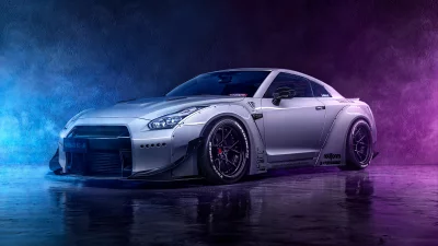 Custom Nissan GT-R Widebody Performance Sports Car in Neon Studio Light image