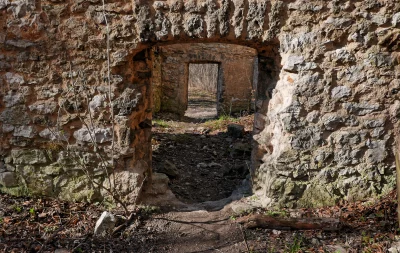 Ancient Stone Wall Arches Leading to Forest Path in Winter Sunlight image