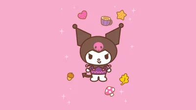 Adorable Kuromi Character with Sweet Treats and Autumnal Elements on Pink Background image
