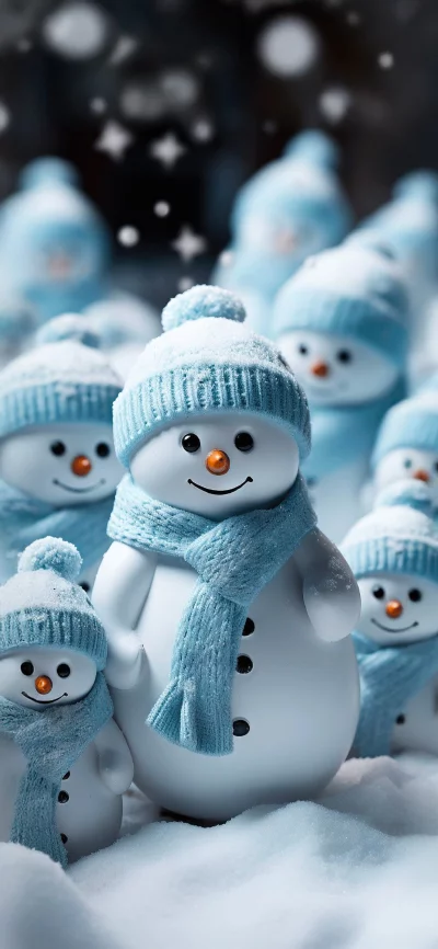 Cheerful Snowmen Family Dressed in Blue Winter Outfits in Snowy Scene