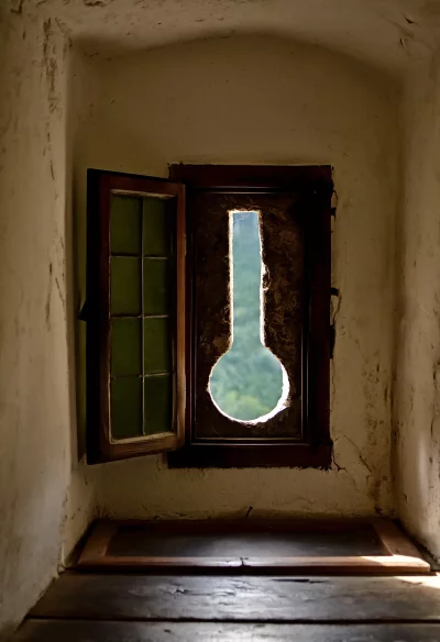 Ancient Keyhole Window in Castle Wall with Distant Green View image