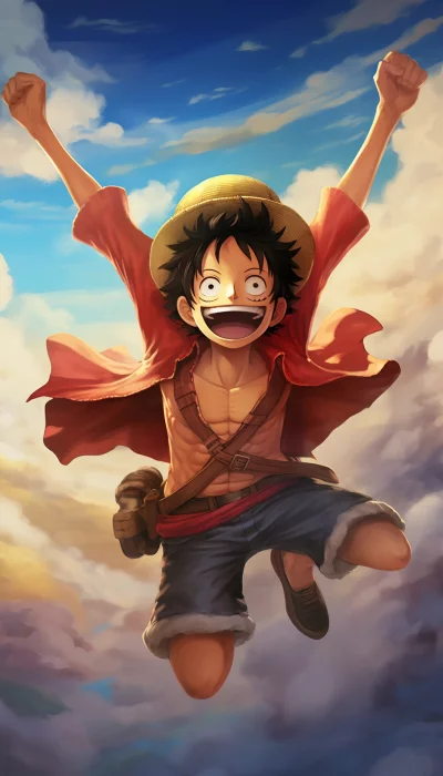 One Piece character Monkey D. Luffy jumping joyfully in the sky
