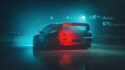 Sleek Custom Japanese Sports Car with Glowing Taillights in a Misty Night Urban Setting image