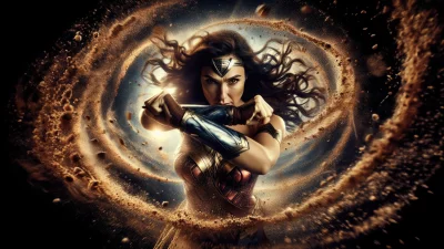 Dynamic Female Superhero Unleashing Power in a Golden Dust Vortex image