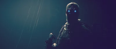 Mysterious Cybernetic Soldier with Glowing Blue Eyes in Sci-Fi Darkness image
