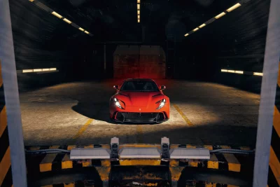 Sleek Red Supercar Parked in Moody Underground Industrial Garage with Dramatic Lighting image