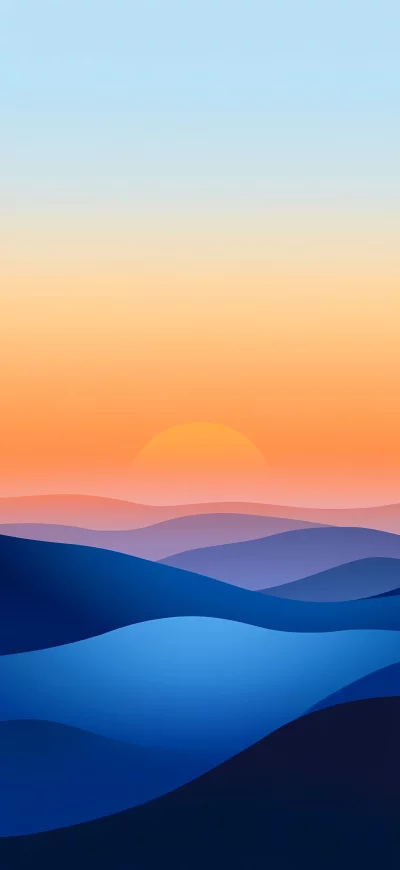 Abstract landscape with rolling blue hills at sunset with a vibrant orange sky