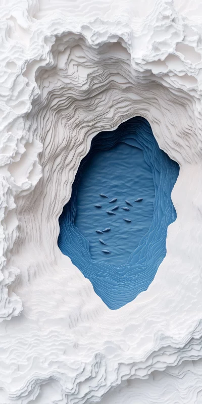 Abstract paper-cut art of icy landscape with a school of fish in water