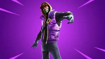 Dynamic Fortnite Character in Urban Camouflage Posing Energetically on Vibrant Purple Background image
