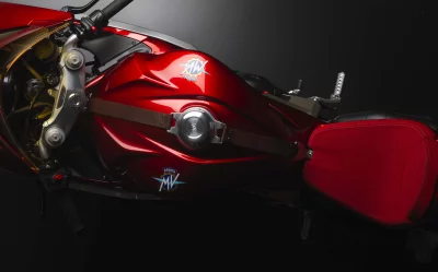 Sleek Red MV Agusta Motorcycle Fuel Tank and Seat Detail on Dark Background image