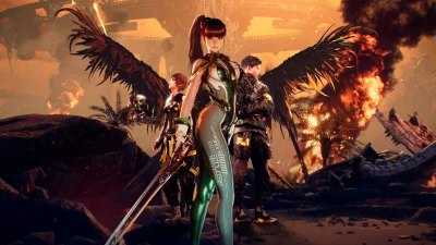 Dynamic Sci-Fi Fantasy Warriors with Wings in Post-Apocalyptic Battleground image