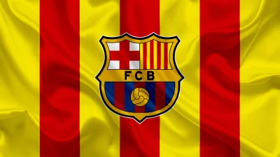 Waving FC Barcelona Club Crest on Catalan Flag Fabric, Symbolizing Spanish Football Pride image