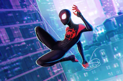 Dynamic Miles Morales Spider-Man Web-Slinging in Vibrant Neon City Digital Art image