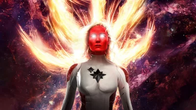 Powerful Female Superhero with Fiery Aura and Glowing Eyes in Cosmic Universe image