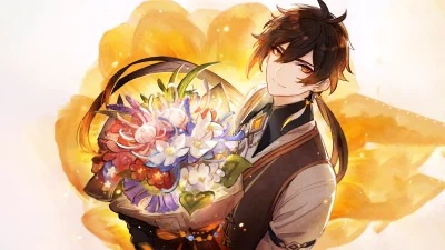 Elegant Anime Man with Vibrant Flower Bouquet and Warm Smile Against Golden Glow image