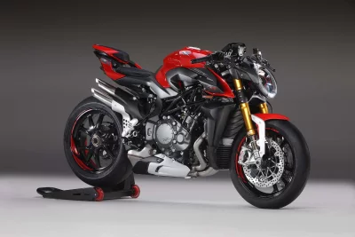 Sleek Red and Black MV Agusta Brutale Sports Motorcycle on Stand image
