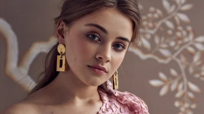 Captivating Young Woman with Blue Eyes, Gold Statement Earrings, and Pink Ruffled Top image