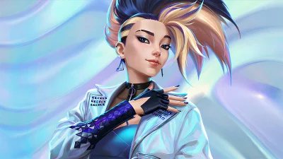 Vibrant K-Pop inspired female character with striking blue eyes and futuristic fashion image