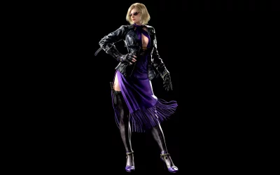 Stylish Blonde Woman in Black Leather Jacket and Purple Fringed Dress image
