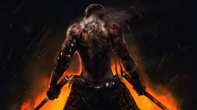 Fierce Warrior with Dragon Tattoo Amidst Roaring Flames and Sparks image