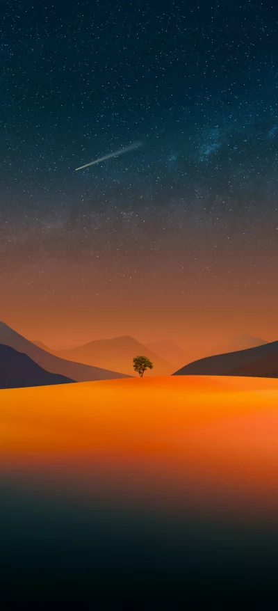 Lone Tree Under Starry Desert Sky with Shooting Star