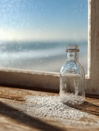 Clear Glass Bottle with Dried Residue on Wooden Surface by the Sea
