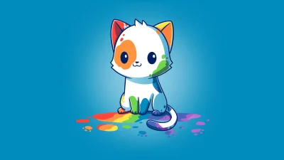 Whimsical Cartoon Cat with Rainbow Paint Splatters on Blue Background image