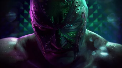 Intense Luchador Fighter Portrait with Glowing Blue Eye and Studded Mask image