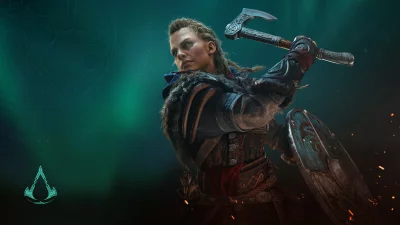 Fierce Female Viking Warrior Eivor Striking Battle Axe image