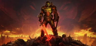 Armored Warrior with Glowing Sword in Apocalyptic Hellscape Standing on Demon Corpses image