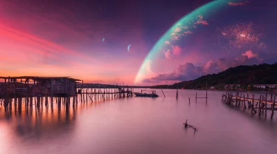 Serene Coastal Village Under Cosmic Sunset Sky with Alien Planet image