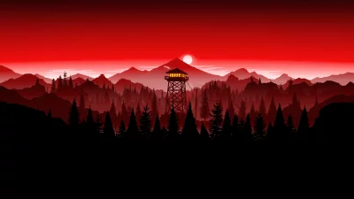 Flat Design Red Sky Forest with Illuminated Fire Lookout Tower at Dusk image