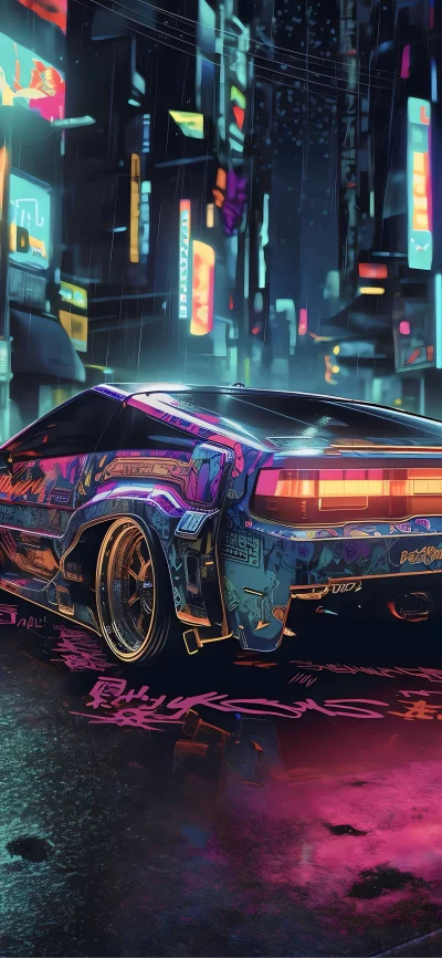 Cyberpunk Sports Car in Neon City Rain with Artistic Graffiti Reflections image