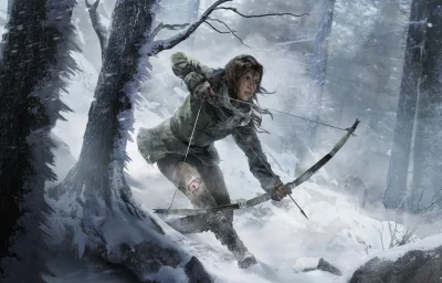 Determined Female Archer Aims Bow in Snowy Forest During Intense Winter Hunt image