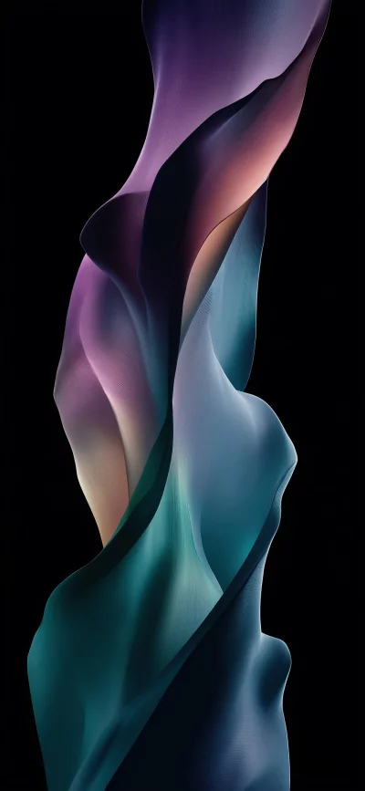 Abstract flowing fabric in purple, teal, and peach against a black background.