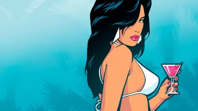 Stylized Woman in White Bikini Top Holding Pink Cocktail at Summer Party image