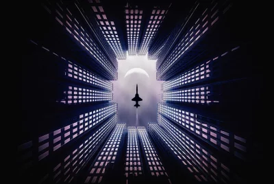 Fighter Jet Ascending Through Urban Skyscraper Canyon Towards Glowing Moon image